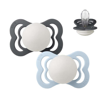 BIBS Symmetrisk Supreme napp - 2-Pack - strl. 1 - Silikon - GLOW - Iron/Baby Blue 