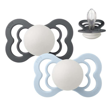 BIBS Symmetrisk Supreme napp - 2-pack - strl. 2 - Silikon - GLOW - Iron/Baby Blue 