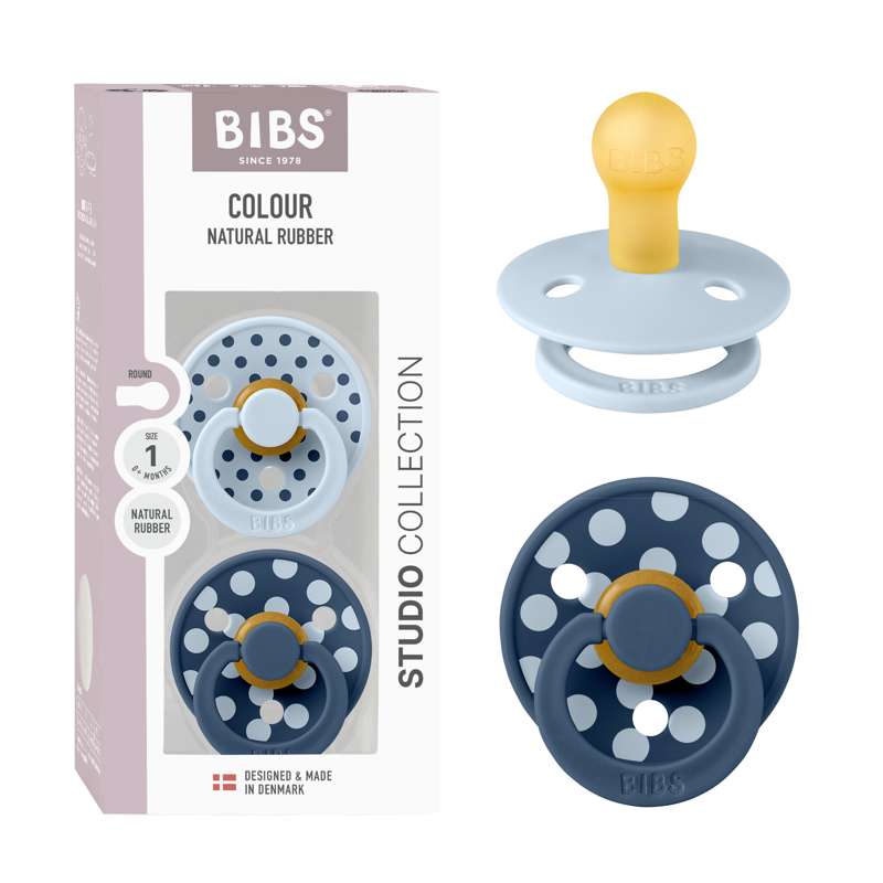 BIBS Rund Colour napp - 2-Pack - strl. 1 - naturgummi - Polka Studio - Baby Blue/Steel Blue 