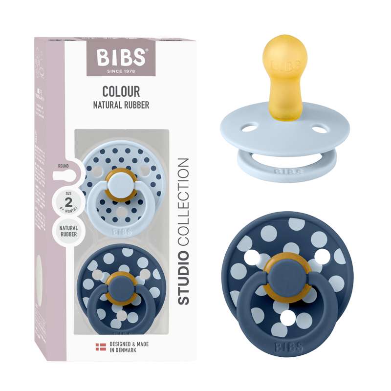 BIBS Rund färg napp - 2-pack - strl. 2 - naturgummi - Polka Studio - Baby Blue/Steel Blue 