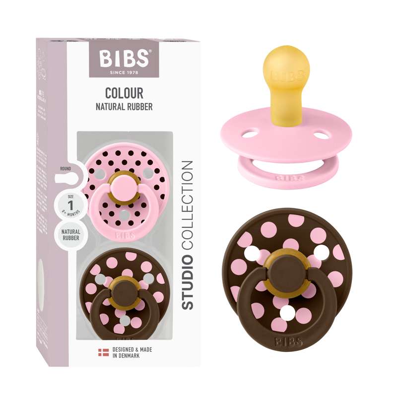 BIBS Rund färg napp - 2-pack - strl. 1 - naturgummi - Polka Studio - Baby Pink/Mocha 