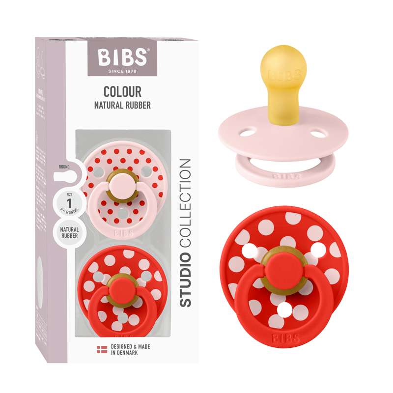 BIBS Rundfärgad napp - 2-Pack - strl. 1 - naturgummi - Polka Studio - Blossom/Candy Apple 
