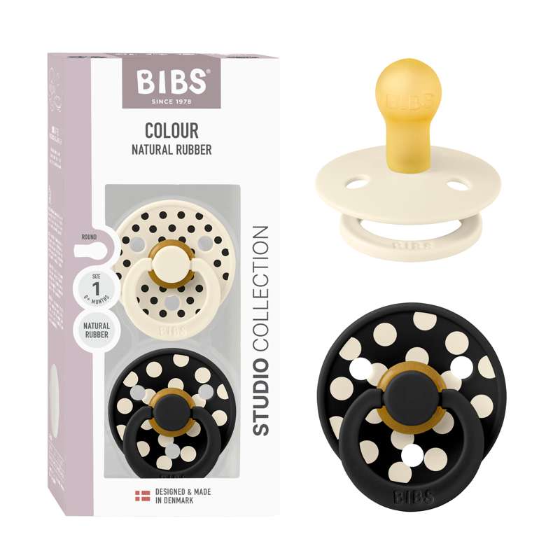 BIBS Rund Färg napp - 2-pack - strl. 1 - naturgummi - Polka Studio - Elfenben/Svart 