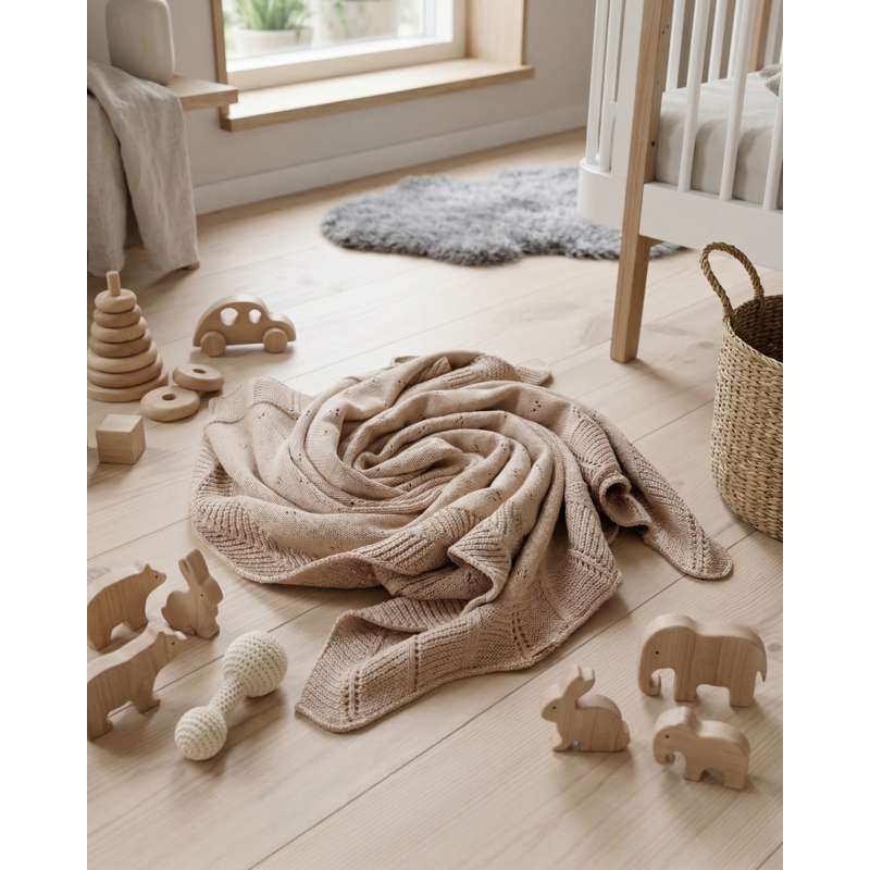 Oh'Naturel Stickad Babytäcke - Ekologisk Bomull - 80x100 cm. - Sand 