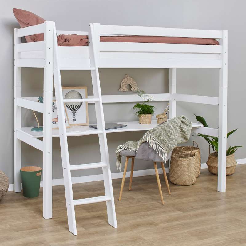 Hoppekids ECO Luxury - Loftsäng m. Bänkskiva - 90x200 cm. - Snedstig - Flexibel inläggsbotten - Vit 