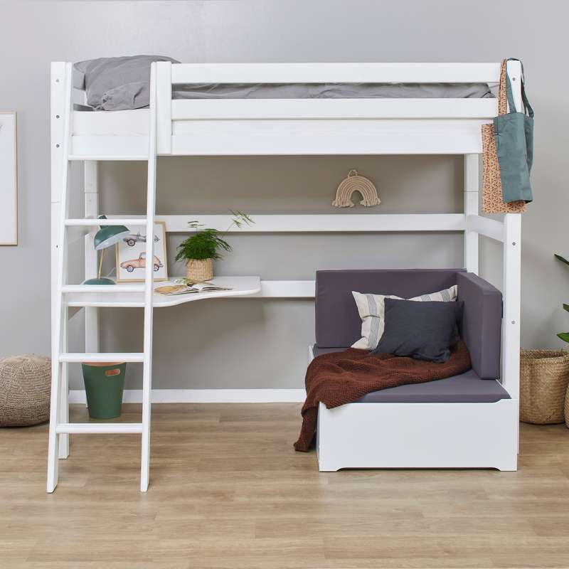 Hoppekids ECO Luxury - MEGA Säng m. Lounge Modul och Bordplatta - 90x200 cm. - Sned Stege - Flexibel Inläggsbotten - Vit 
