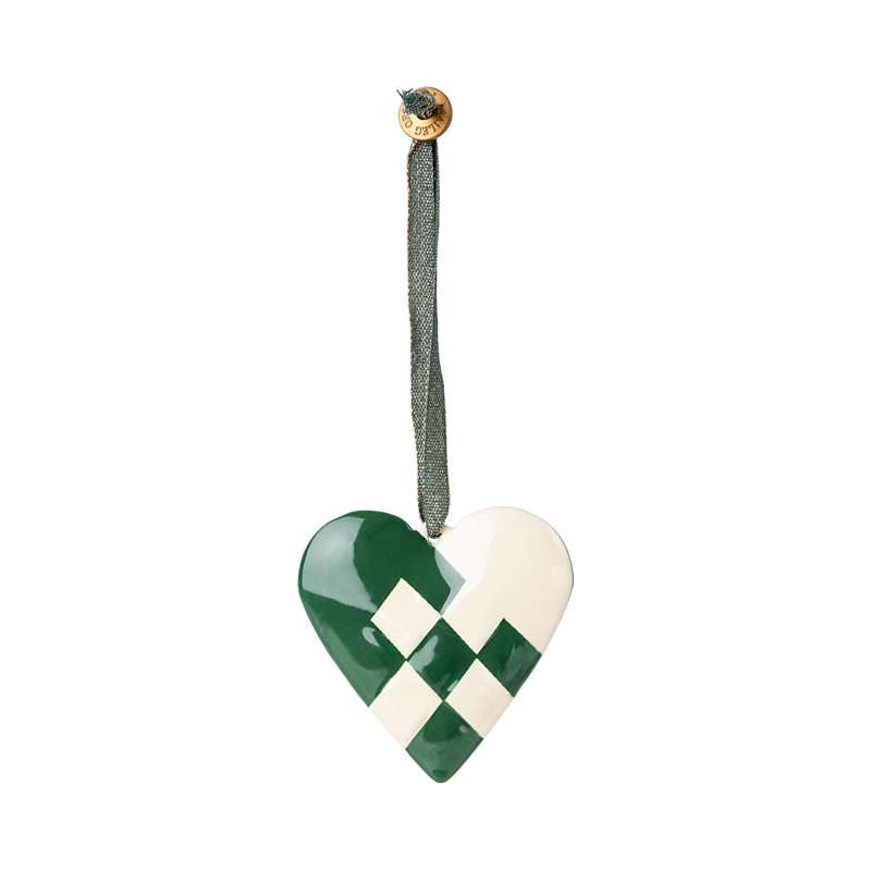 Maileg Julornament i Metall - Flätat Hjärta - Mörkgrön (6 cm.) 