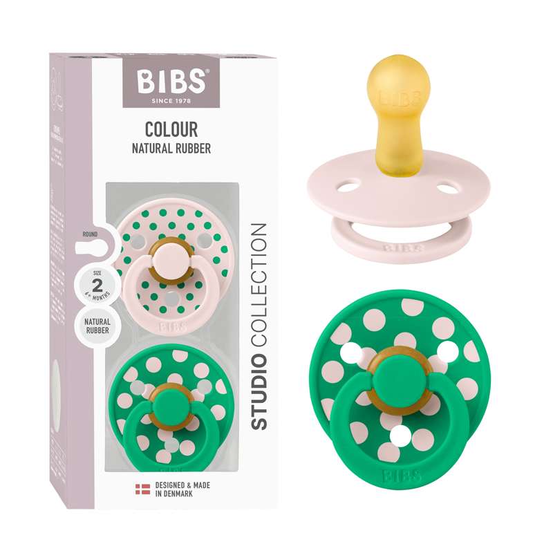 BIBS Rund färg napp - 2-pack - strl. 2 - naturgummi - Polka Studio - Petal/Cactus 
