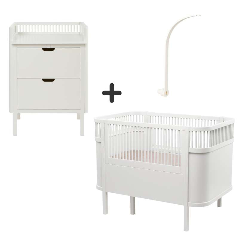 Sebra Sängen och Skötbordet m. Mobilhållare - Classic White - Bundle 1 