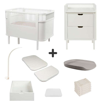 Sebra Sängen och Skötbordet m. Tillbehör - Classic White - Deluxe Bundle 1 