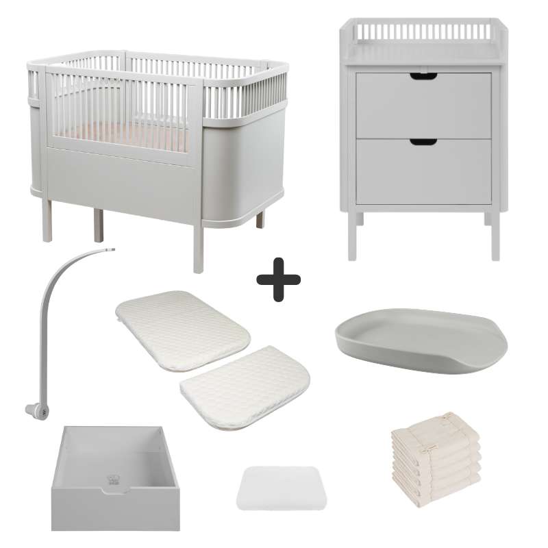 Sebra Säng och Skötbord m. Tillbehör - Stone Grey - Deluxe Bundle 1 