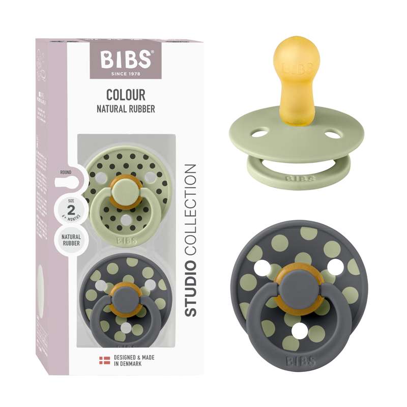 BIBS Rund färg napp - 2-pack - strl. 2 - naturgummi - Polka Studio - Sage/Iron 