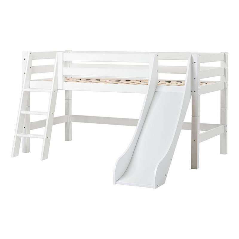 Hoppekids ECO Luxury - Halvhög loftsäng m. Rutsjebana - 90x200 cm. - Snedstig - Flexibel inläggsbotten - Vit 