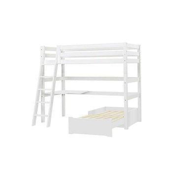 Hoppekids ECO Luxury - MEGA Säng m. Lounge Modul och Bordplatta - 90x200 cm. - Sned Stege - Flexibel Inläggsbotten - Vit 